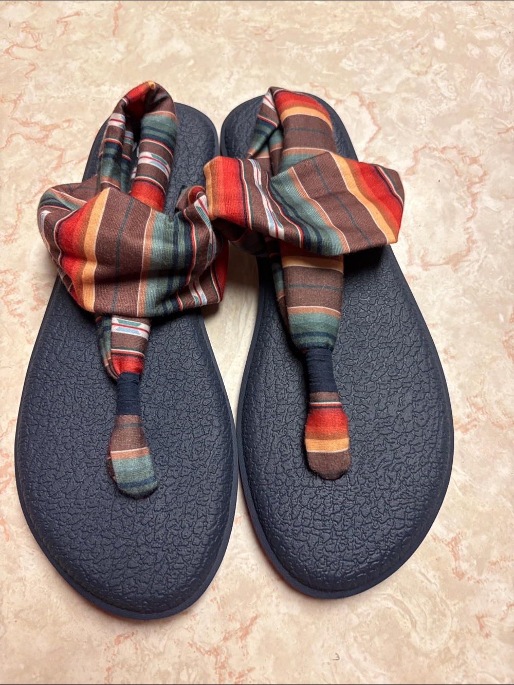 Sanuk Navy Footbed Sandals with Multi-Color Striped Fabric Upper
